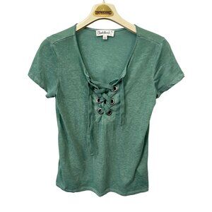 CloudChaser Lace Up Front Short Sleeve Shirt Womens Small Cotton Blend Tee Green